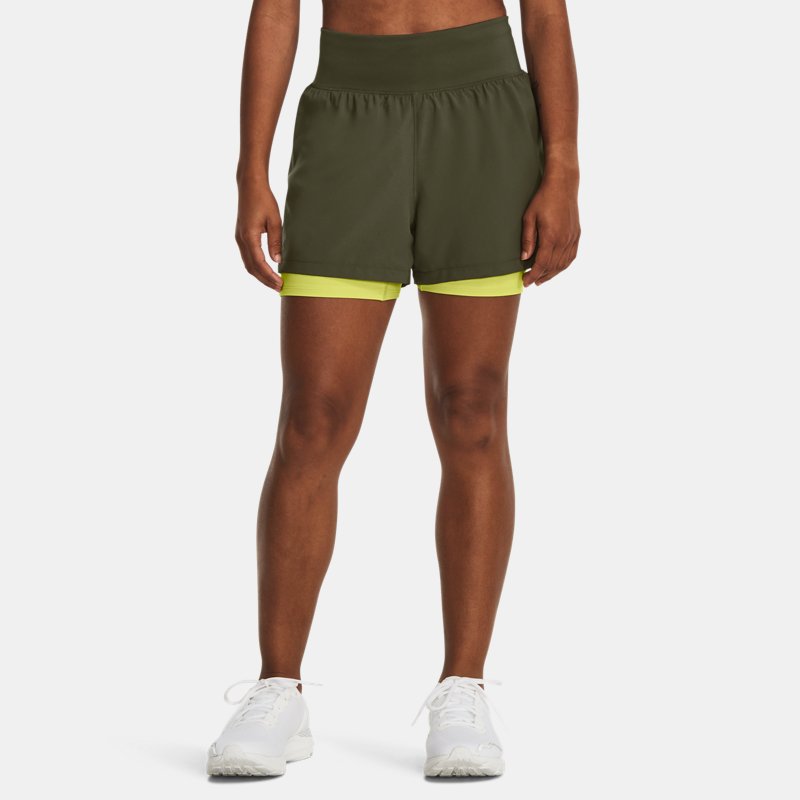 Women's Under Armour Run Stamina 2-in-1 Shorts Marine OD Green / Lime Yellow / Reflective XS